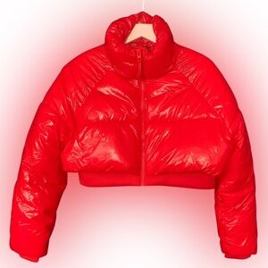 ZARA Bright Red Orange Puffer Crop Jacket